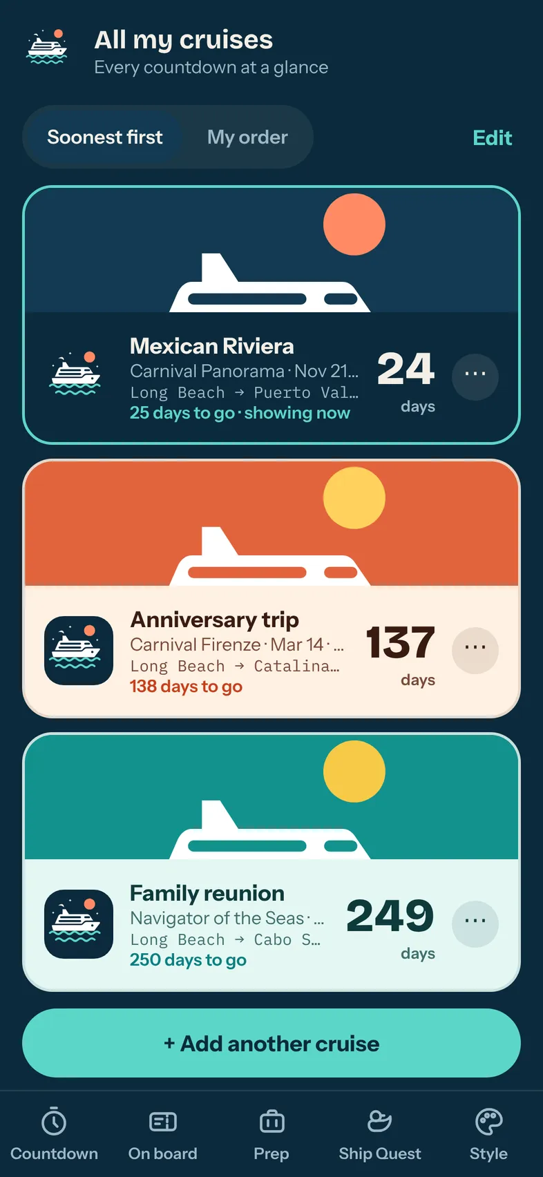 All my cruises screen with three cruises in different colors