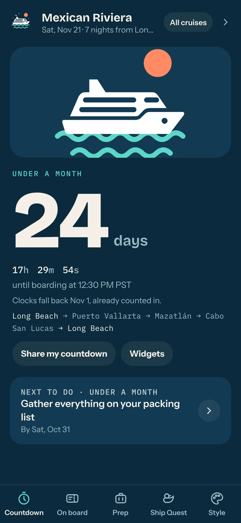 Shipshape countdown screen showing 24 days to a Mexican Riviera cruise